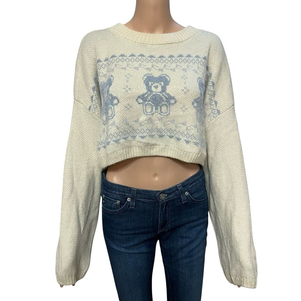 Out From Under Teddy Bear Fair Isle Cropped Sweater XS Oversized Kidcore